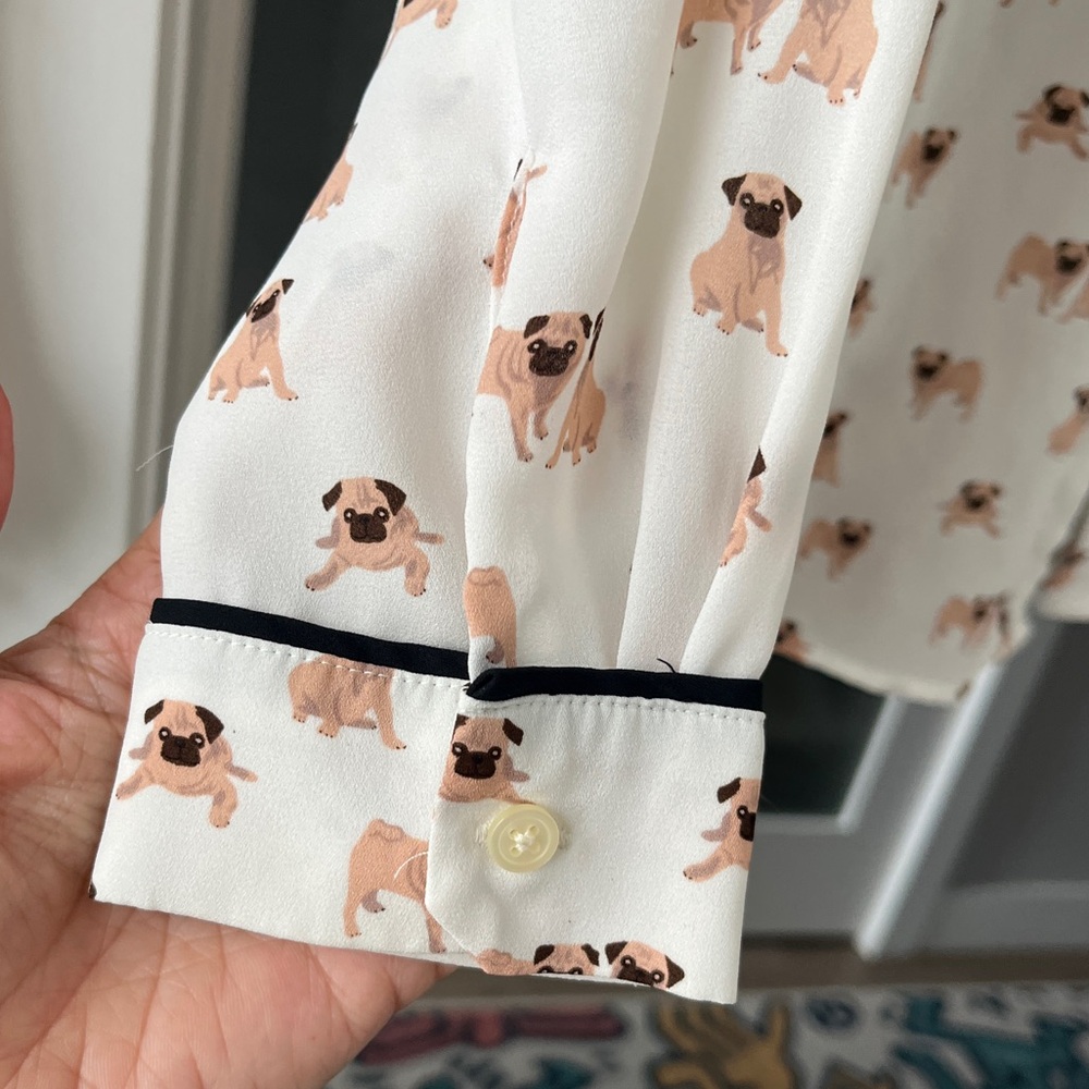 Pug Dog Print Button-Up LOFT Blouse • Size S | Perfect for work and play!